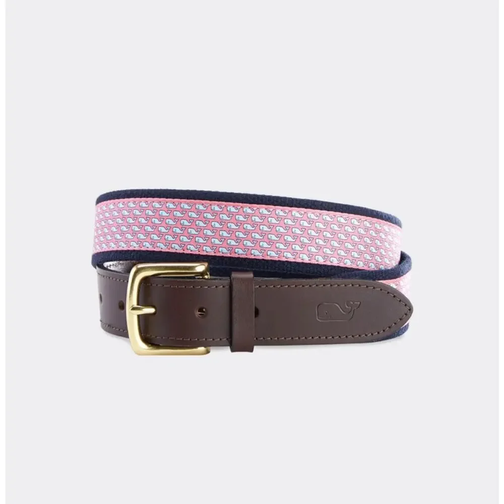 Vineyard Vines Pink whale canvas club belt size 32 brown leather gold hardware